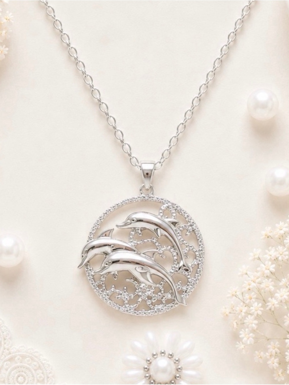 Silver Tone Dolphin Circle Pendant Necklace -NWOT
